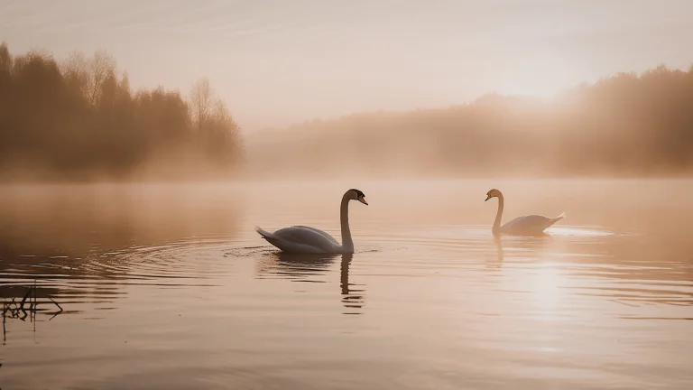 Two swans on calm water at sunrise, representing reflection and emotional calm